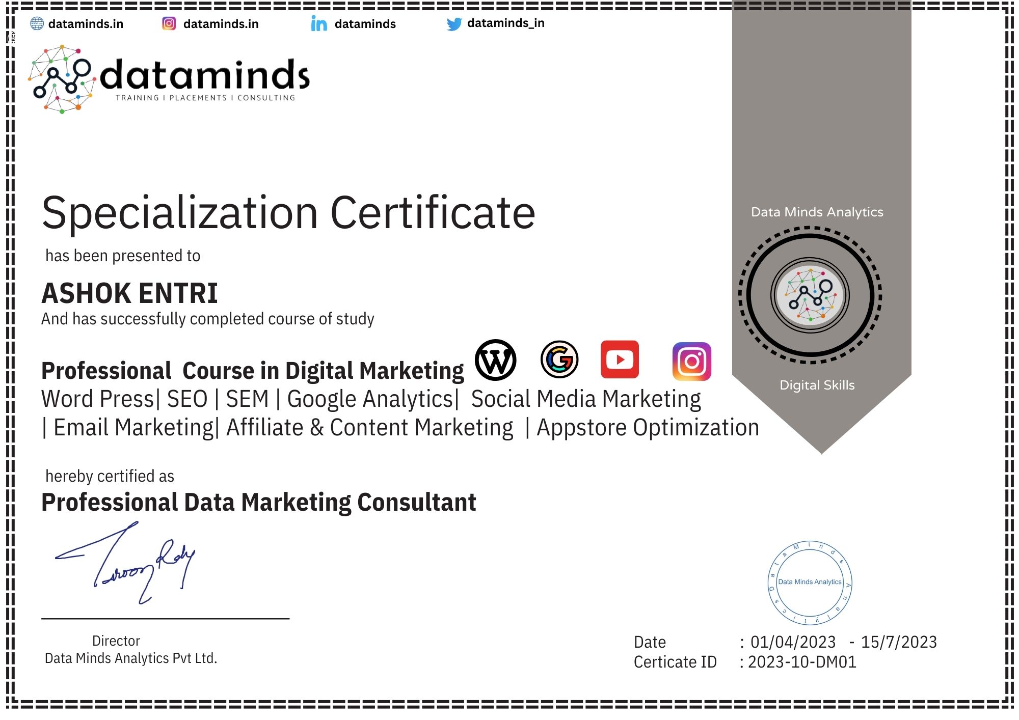 Digit Marketing _Data Minds Course Completion Certificate